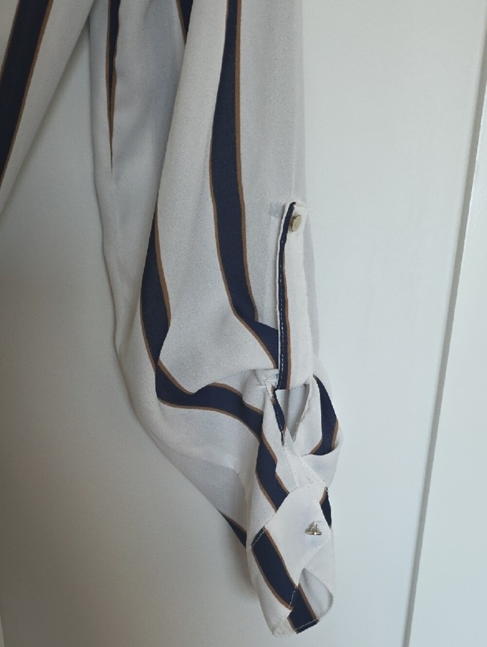 Striped White Tunic Long Shirt with Navy and Gold Accent - Picture 5 of 7